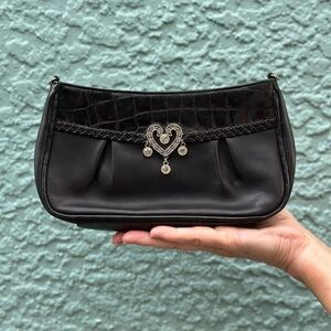 ✨Vintage (90's) Brighton Black Leather Heart Clutch – Croc Trim & Silver Charm ✨
